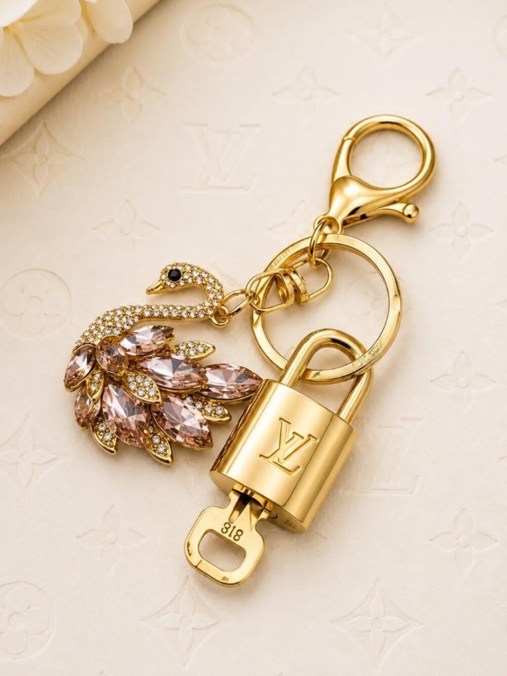 Louis Vuitton Gold Padlock Key 🔒 Authentic LV Charm + Unbranded Swan Keychain